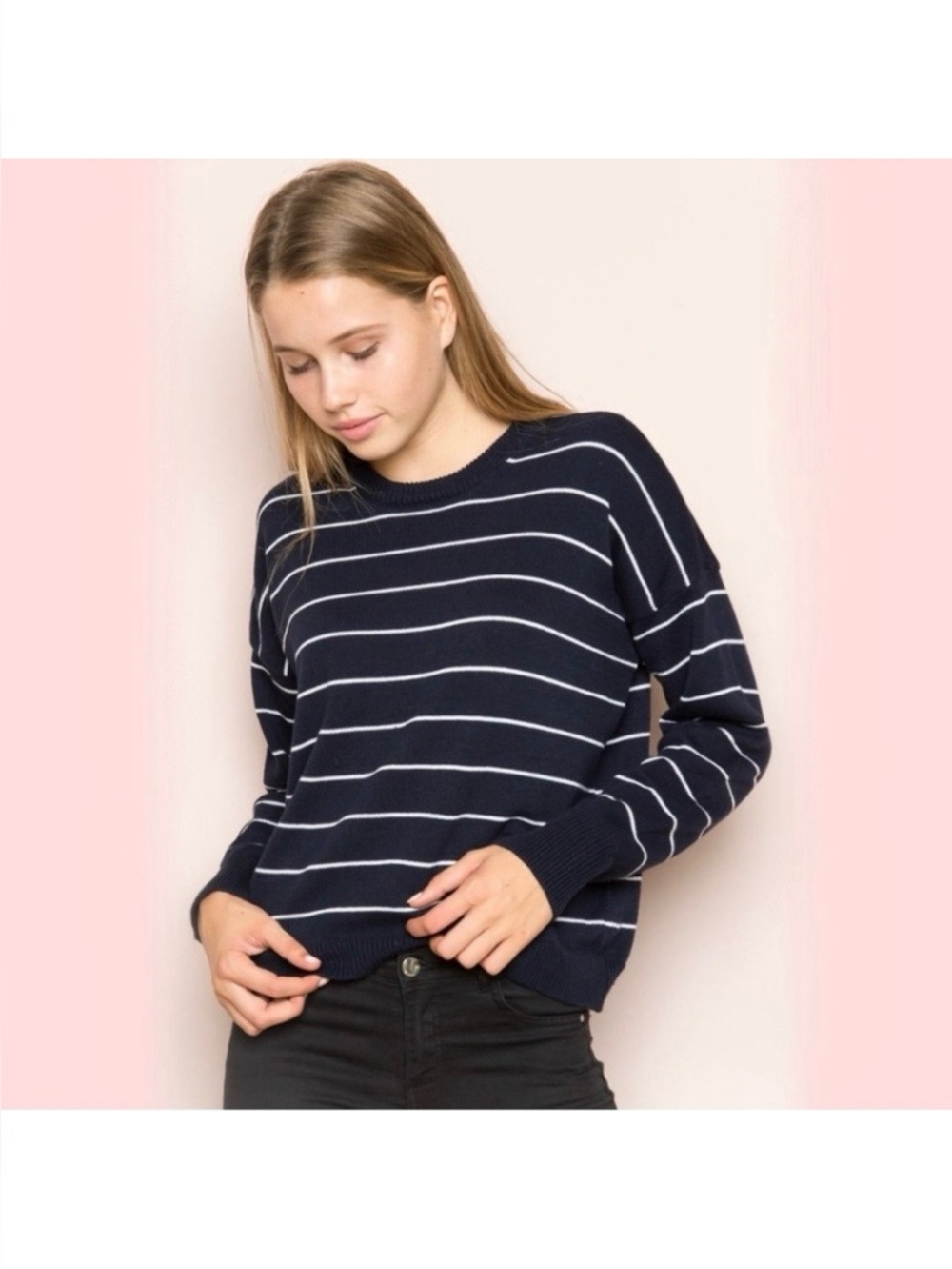 Brandy Melville Navy Striped Crewneck Cotton Sweater Made in Italy Coastal
